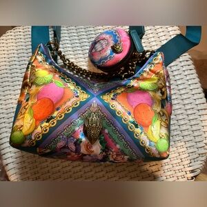 Kurt Geiger Shoulder Bag Scarf Pink Gold Teal Crossbody + Coin Pouch & Dust Bag